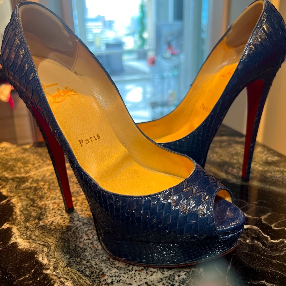 Christian Louboutins- Open toed snake skin pump Size 38/ 8